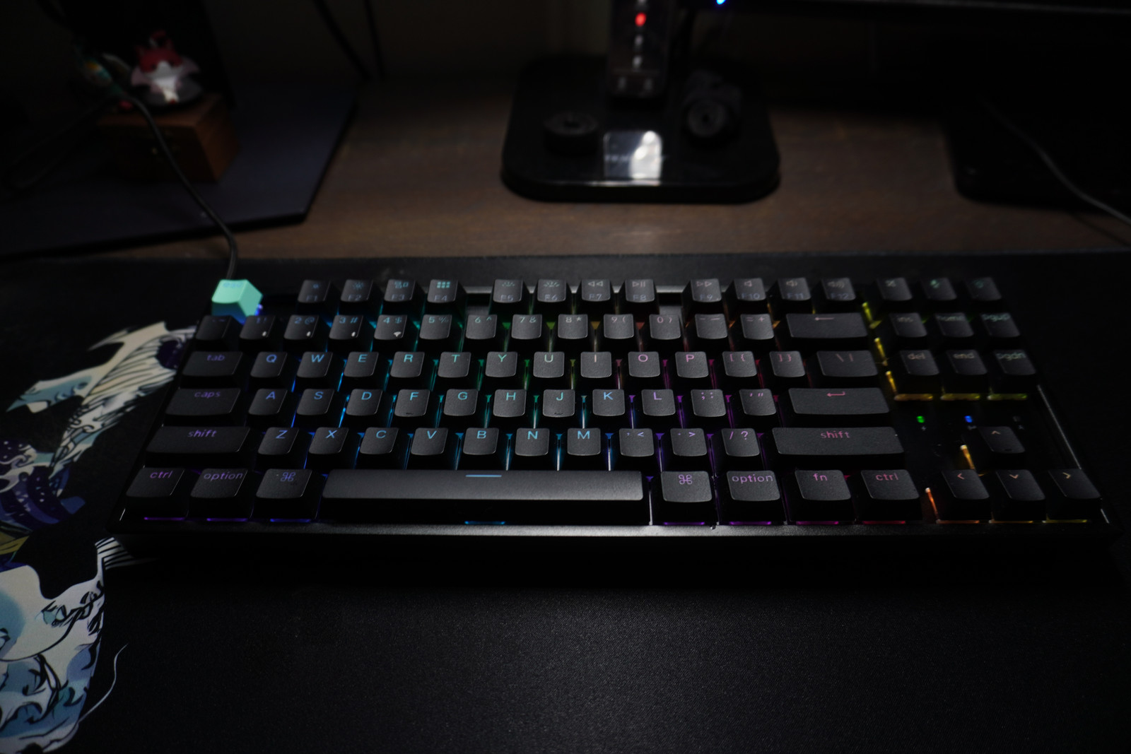 The complete black Keychron K8 HE Standard keyboard, with RGB lighting and a mint-green Escape key, on a desk mat.